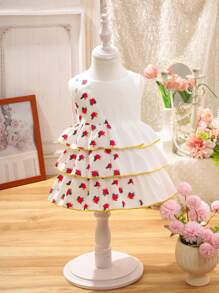 SHEIN 女婴可爱花卉印花分层荷叶边雪纺连衣裙，夏季 - 彩色 - 查看 5