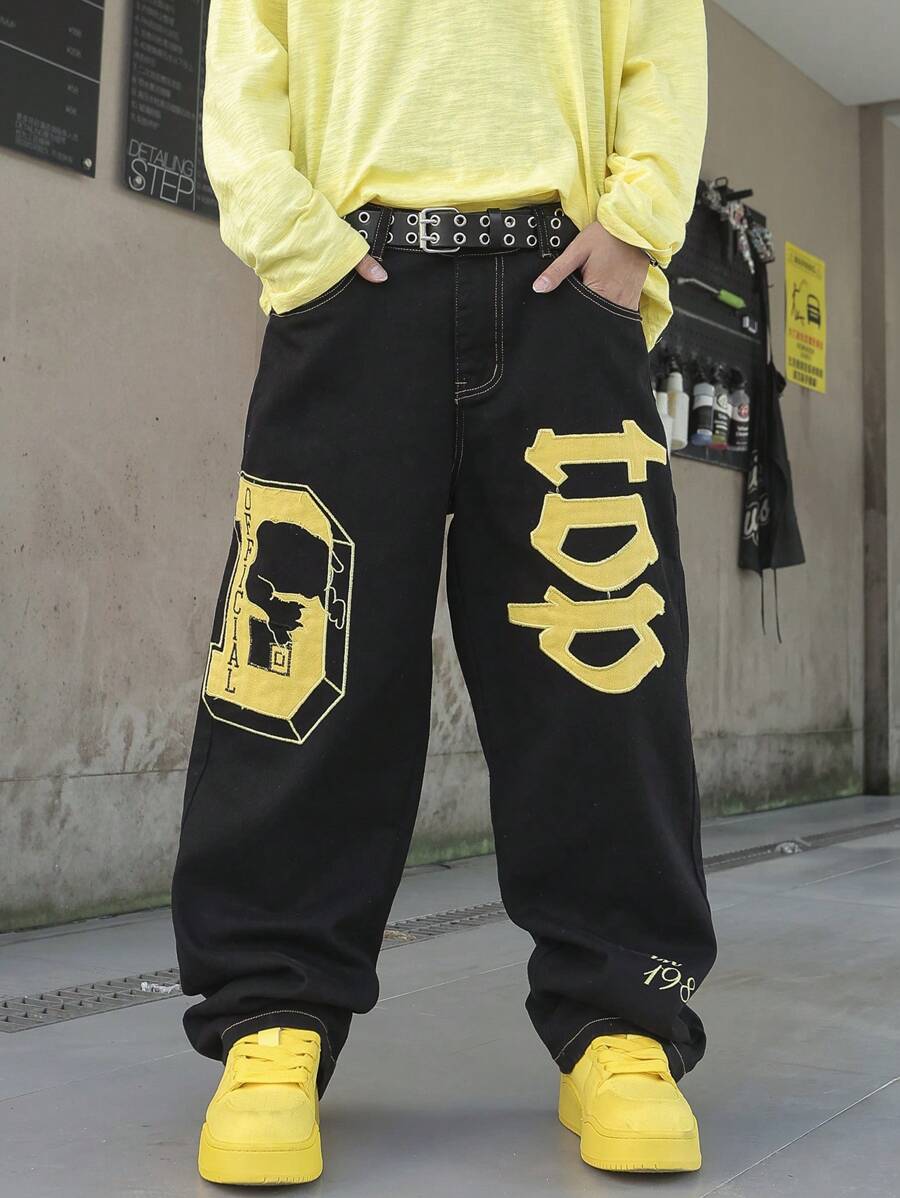 Manfinity EMRG 男士休闲字母印花口袋宽松牛仔裤