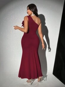 Viva Relle 大码女式优雅不对称无袖 3D 大码花卉连衣裙新年服装长款女装 - 酒紅色 - 查看 6