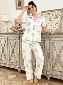 CottageSlumber Floral Print Women Contrast Trim Pocket Pajama Set Holiday Season, Bountiful Floral Splendor  Cozy And Elegant Details - Beige - View 4