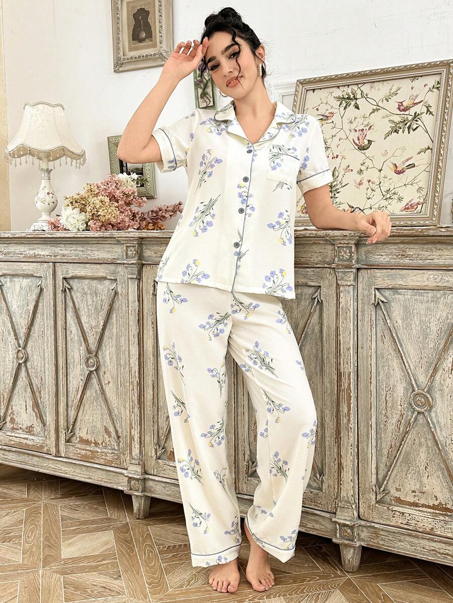 CottageSlumber Floral Print Women Contrast Trim Pocket Pajama Set Holiday Season, Bountiful Floral Splendor  Cozy And Elegant Details - Beige - View 1