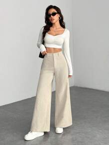 SHEIN PETITE Women's Solid Color Front Button Casual Wide Leg Pants, Suitable For Daily Wear