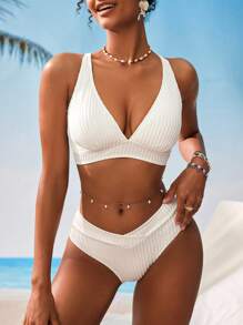 Swim Vcay Women V-Neck Textured Striped Bikini Set Summer