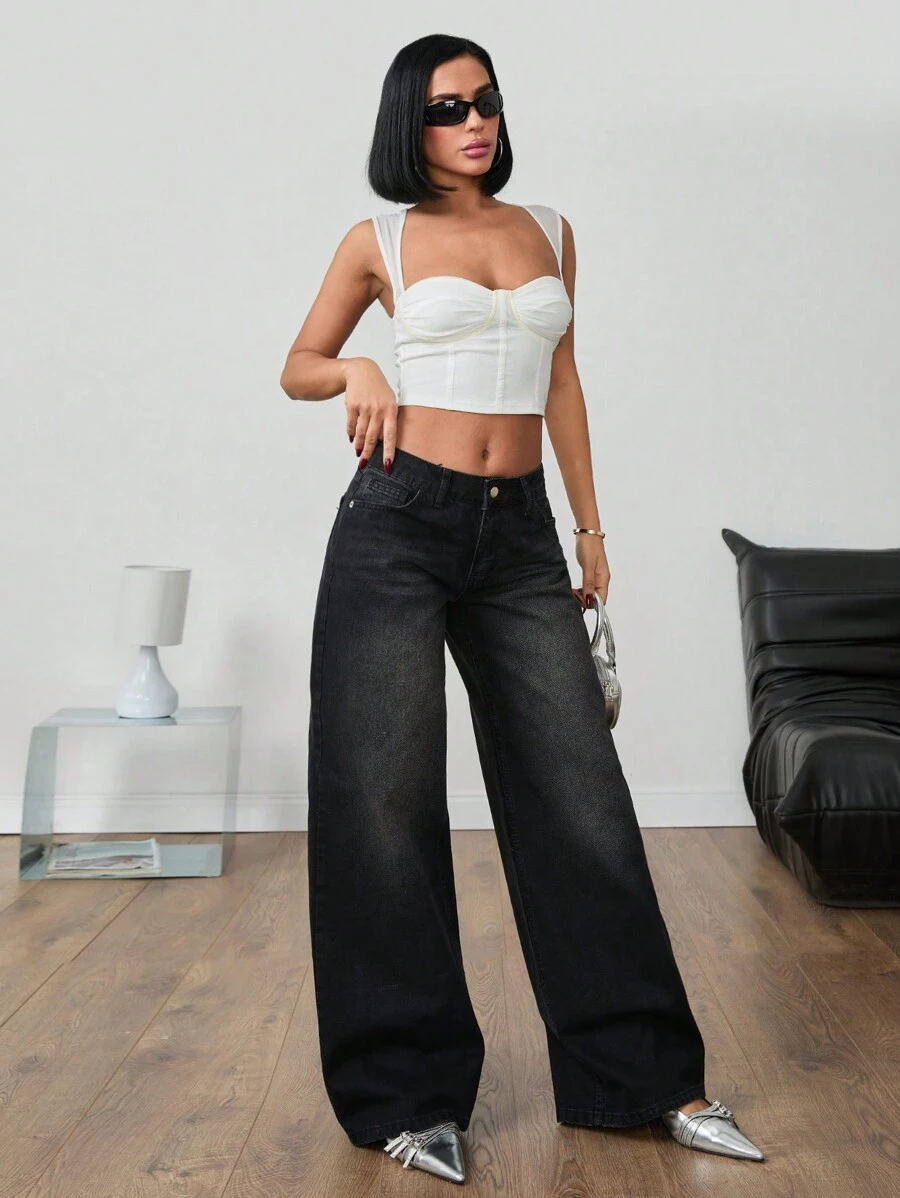 EURMUSE Women's Plain Front Button Pocket Minimalist Casual Long Pants, Daily Wear - Black - View 1