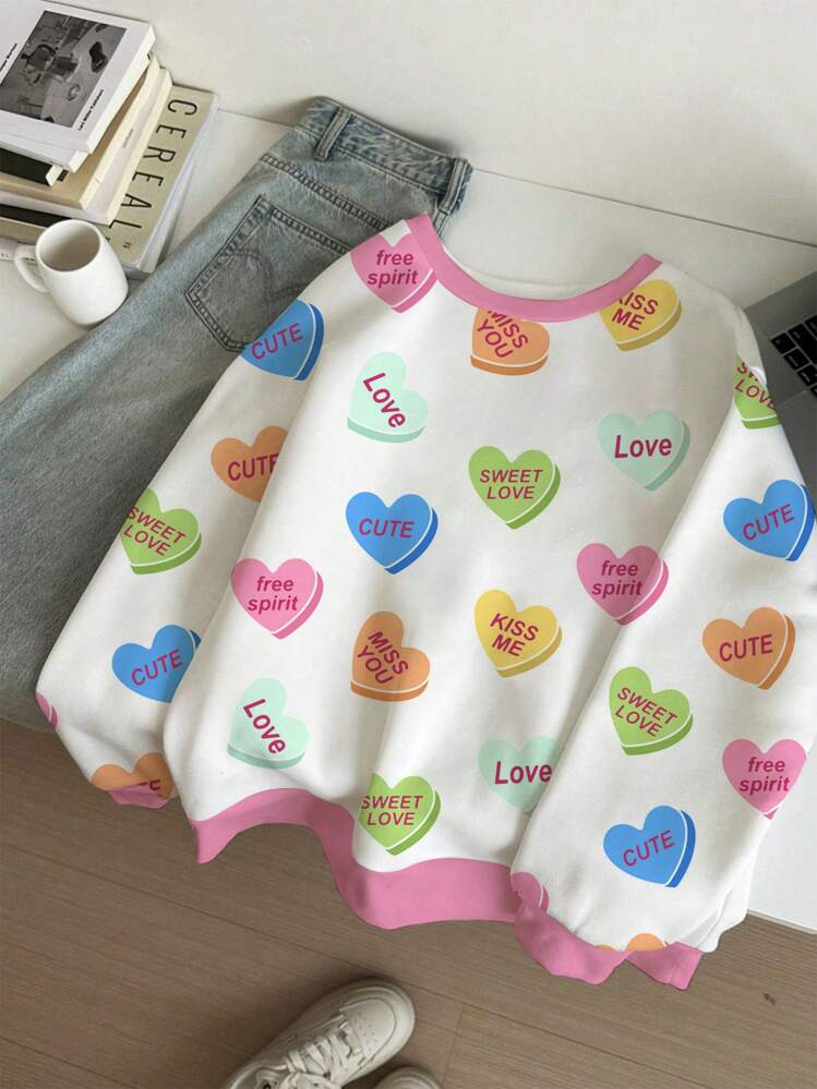 SHEIN EZwear Áo nỉ dáng rộng cổ tròn họa tiết trái tim tối giản giản dị dành cho nữ, thiết kế Valentine ngọt ngào, thích hợp cho mùa xuân/hè, thu/đông - Nhiều màu - Xem 4