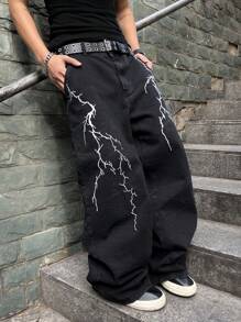 Manfinity EMRG 男士休闲宽松口袋印花牛仔裤，适合日常穿着 - 黑色 - 查看 7