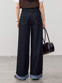 Dazy-Less Contrast Color Patchwork Wide Leg Jeans For Women Old Money Business Casual Woman - Black - View 5