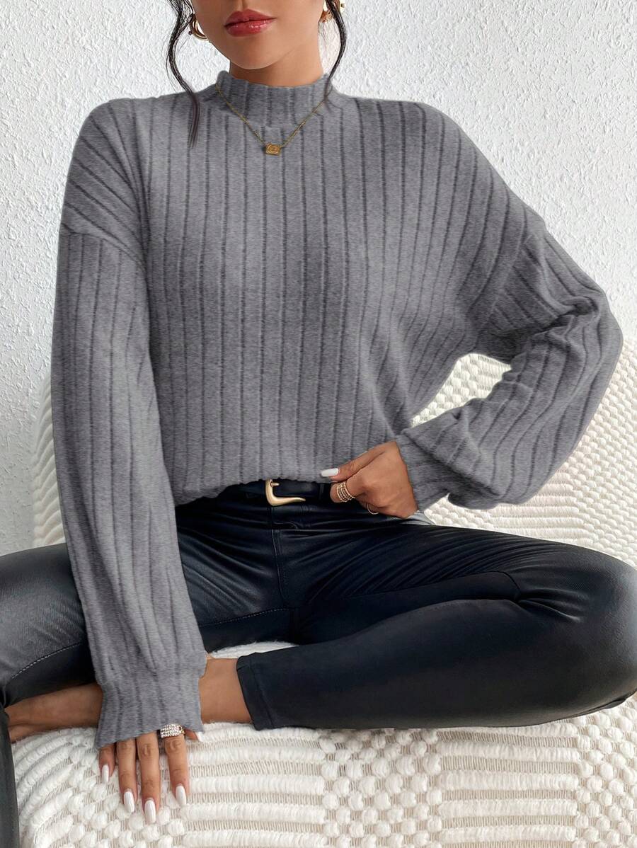 SHEIN Frenchy 女士休闲纯色立领落肩长袖 T 恤，秋冬季 - 灰色 - 查看 1