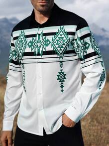 Manfinity Nomadique 男士复古印花长袖衬衫，休闲简约时尚日常穿着