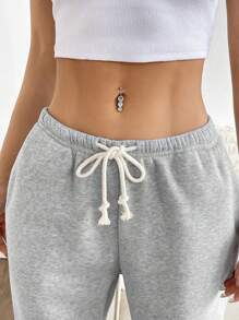 SHEIN PETITE 灰色低腰抽绳系带斜口袋直筒阔腿运动裤，时尚简约休闲日常百搭，适合娇小女性，春秋季 - 灰色 - 查看 5