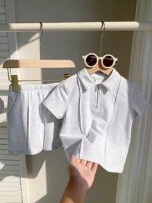 SHEIN 2pcs/Set Young Boys Casual Loose Knit Solid Color Polo Shirt And Shorts Set, Suitable For Kids Outfits, Back To School, Parties, Events, Weddings, Baptisms, Daily Wear, Sports, Spring/Summer - Grey - View 3