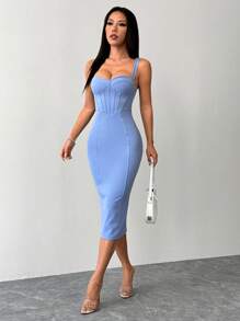 SHEIN PETITE 开叉后背紧身蓝色修身胸罩杯中长连衣裙 - 藍色 - 查看 7