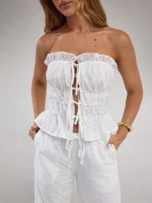 SHEIN BAE Spring And Summer Solid White Fungus Front Tie Embroidered Pattern Tube Top Suitable For Holidays, Seaside Parties, Summer Tops,Summer For Women,Beach For Woman,Beach Tops,Women Spring Tops,Going Out - White - View 8