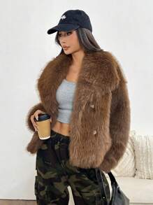 SHEIN EZwear Women Fluffy Coats - Brown - View 5