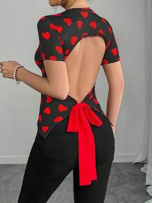 Chiquease Women's Round Neck Short Sleeve Heart Print Tie Back Shirt, Minimalist Style