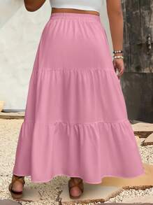 EMERY ROSE Plus Size Casual Solid Color Skirt Maxi Women Pink Skirt Fall Cloth For Women - Pink - View 2