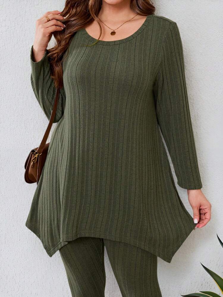 2pcs Plus Size Women Set: Long Sleeve Round Neck T-Shirt And Leggings, Autumn/Winter