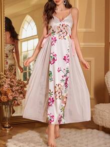 Váy ngủ Maxi lưng cao in hoa bằng lụa giả và lưới cho nữ - trắng - Xem 3