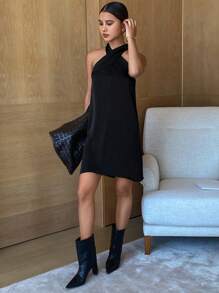 DAZY Women's Plain Halter Bodycon Casual Elegant Summer Mini Dress For Vacation Sundress - Black - View 5