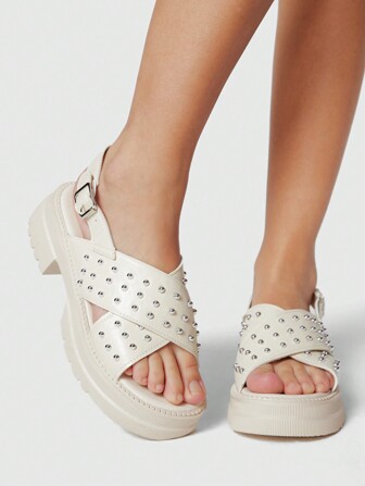 Grunge Punk Women's Summer Open Toe White Roman Criss-Cross Strap Vacation Beach Sandals, Punk Rock Rivet Wedge Platform Sandals