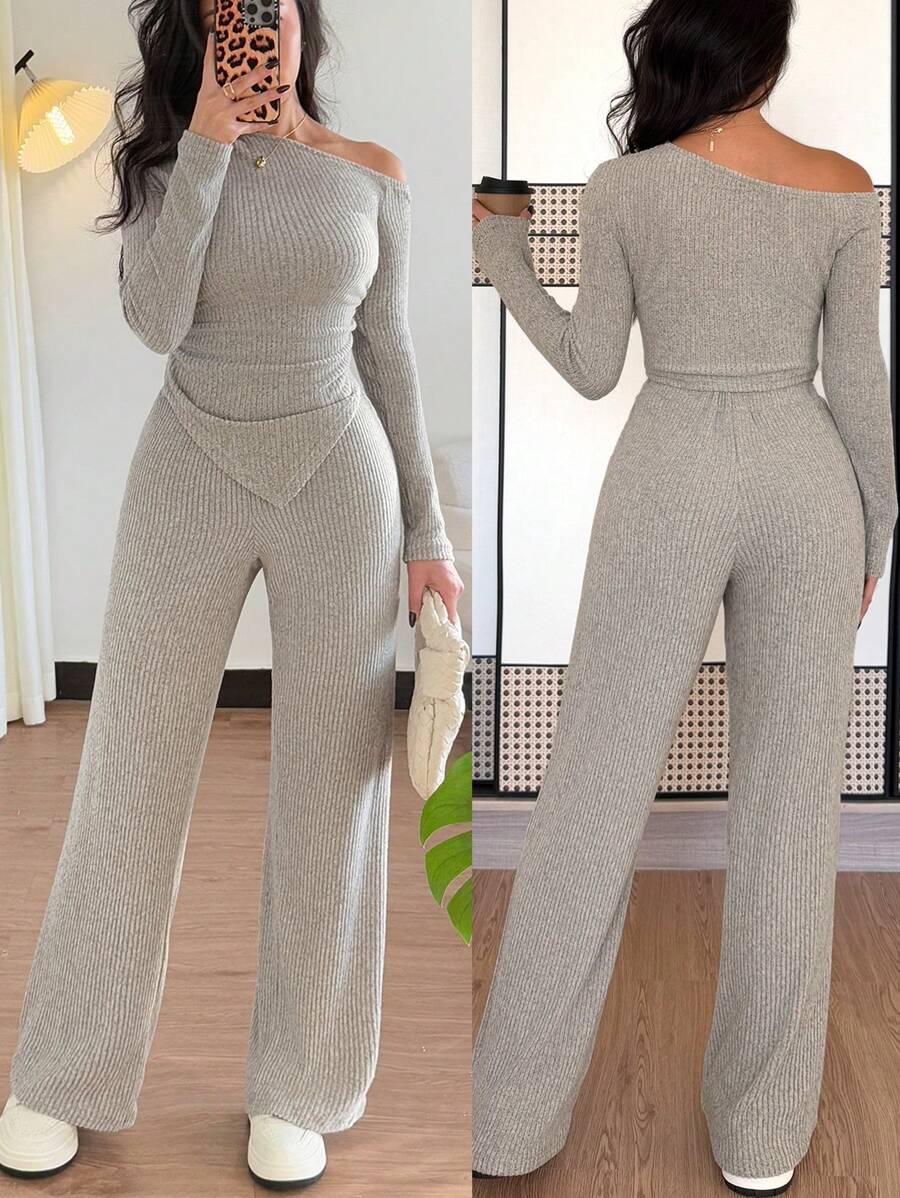 Chiquease Conjunto de 2 piezas con top de punto de manga larga con cuello oblicuo elegante y pantalones sueltos de cintura elástica, apto para primavera y otoño