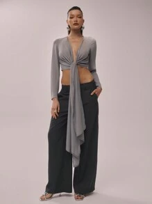 MUSERA Áo dài tay bằng chiffon cổ chữ V xẻ sâu, rủ mềm mại, thích hợp cho kỳ nghỉ lãng mạn mùa xuân hè, thu và các dịp lễ. - Màu xám đen - Xem 4