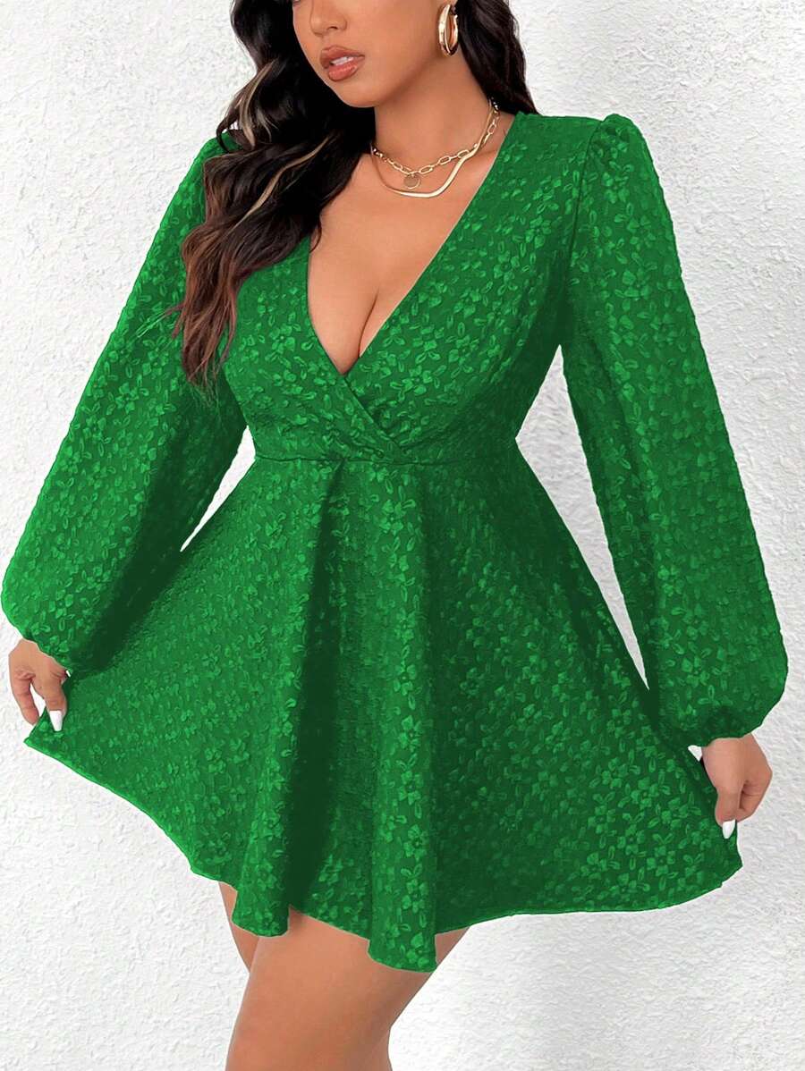 SHEIN Unity Plus Size Deep V-Neck Crisscross Wrap Elegant Long Sleeve Dress For New Year Clothes - Green - View 1