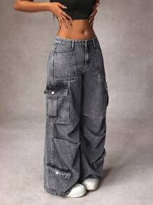 SHEIN ICON Jeans casuales de mujer con bolsillo delantero con botones sencillos, ropa de tiempo libre diaria