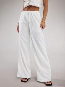 SHEIN BAE Women's White Solid Color Front Tie Pocket Embroidered Casual Loose Wide Leg Pants, Suitable For Daily, Vacation, Spring/Summer - White - View 4