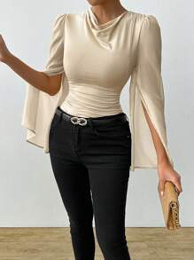 SHEIN LUNE Elegant Apricot V-Neck Draped Waist Ruffle Slit Cape Sleeve Women Top