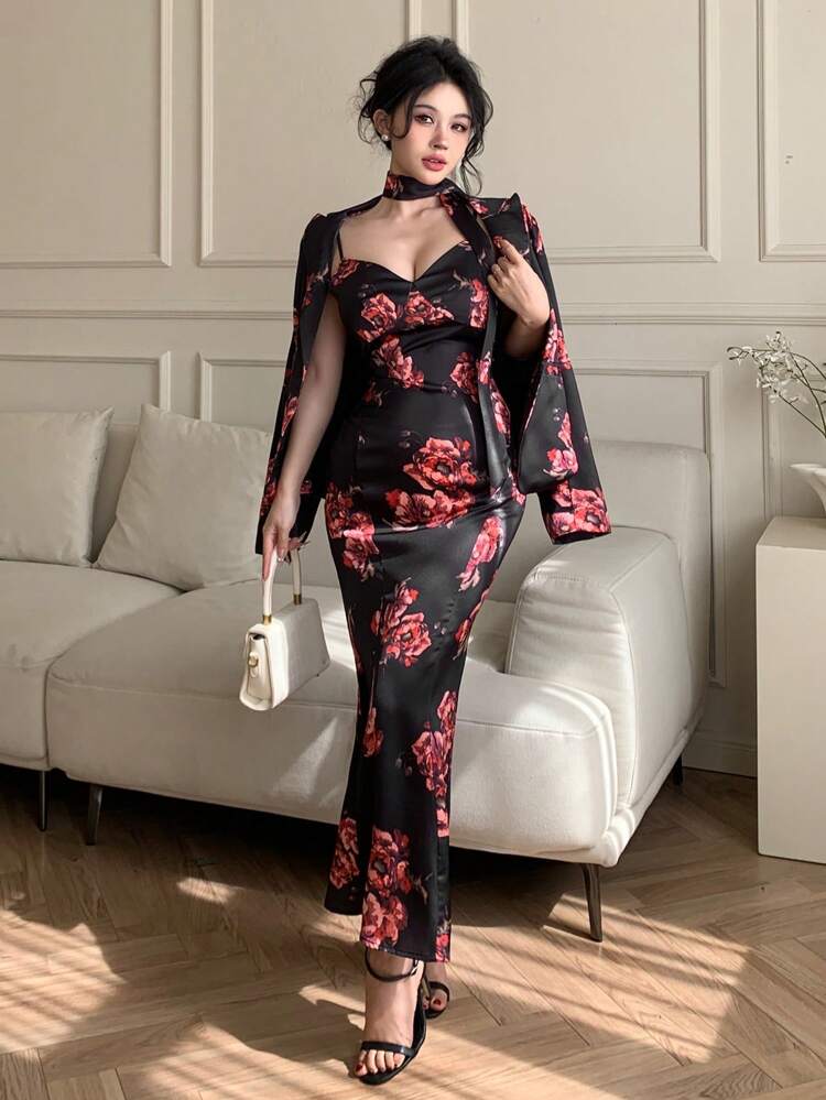 2 Pieces Set: Fully Allover Print Ditsy Floral Rose Pattern Cinched Waist Belt, Corset-Style Suit Cardigan & Spaghetti Strap Mermaid Dress
