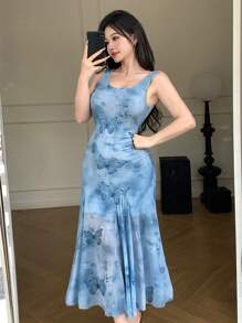DAZY 1pc Floral Print Women Long Slip Dress SunDress - Blue - View 8