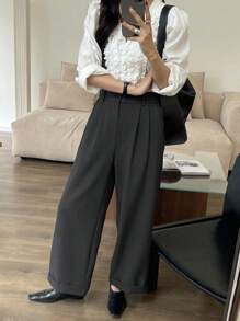 DAZY Women Plain Straight Leg Pleated Cropped Pants,Women Dress Pants - Black - View 5