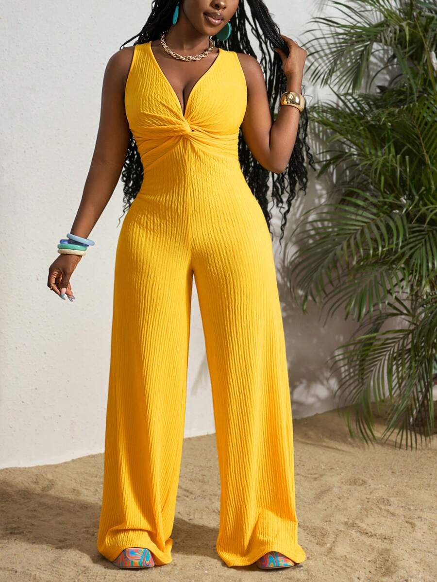 Slaydiva 海滩新款春夏休闲度假中前开衩设计深V领阔腿黄色罗纹纹理女连体裤 - 黃色 - 查看 1