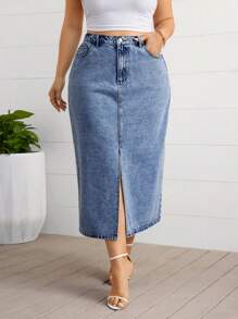 SHEIN Essnce Rok Mini Denim Kasual Ukuran Plus dengan Kancing Depan dan Saku, Belahan Samping - Biru - View 1