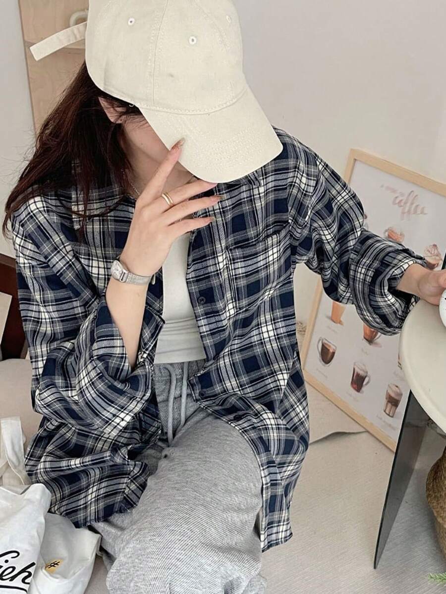 DAZY 女士翻领格子宽松长袖衬衫，藏青色，春夏秋季，法兰绒女装