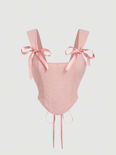 SHEIN MOD Bow Front Tie Back Pink Corset Tank Top, Christmas, Holiday, New Year's Eve, Tank Top For Going Out,Christmas Top,Thanksgiving,Valentine Outfits