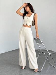 SHEIN PETITE 女式杏色开衫背心、裤子和西装两件套 - 卡其色 - 查看 6