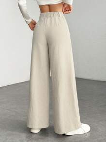 SHEIN PETITE Women's Solid Color Front Button Casual Wide Leg Pants, Suitable For Daily Wear