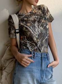 DAZY Women's Crew Neck Short Sleeve Printed Casual Blouse, Daily Wear