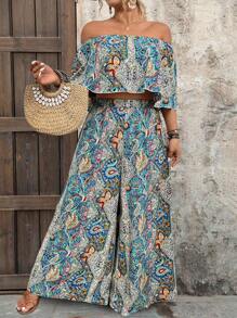 女式加大码花卉露肩短款上衣和阔腿裤套装 - 彩色 - 查看 3