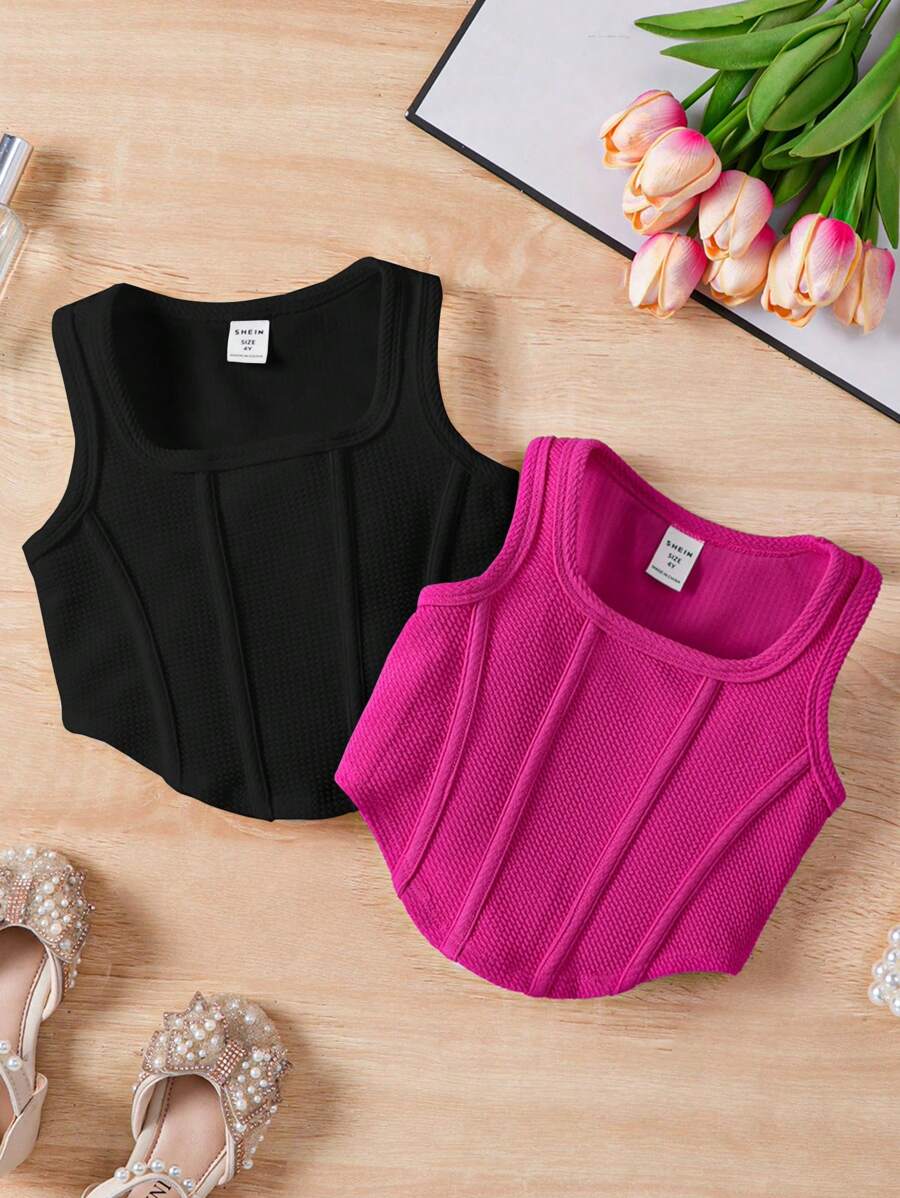 SHEIN 2pcs Young Girls Solid Color Collared Fitted Casual Knit Cute Tan Top Set - Black - View 1