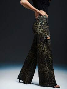 Denimoi Leopard Print Rhinestone Cut Out Jeans