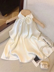 Chiquease Áo thun nữ không tay trơn họa tiết hoa 3D thường ngày - trắng - Xem 3