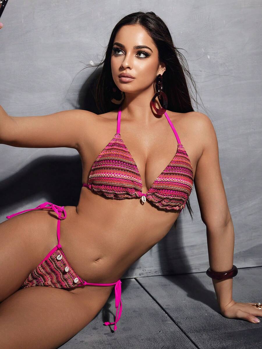 SHEIN Swim Event Bikini hai mảnh hở lưng phong cách Bohemian mùa hè cho nữ - Nhiều màu - Xem 1
