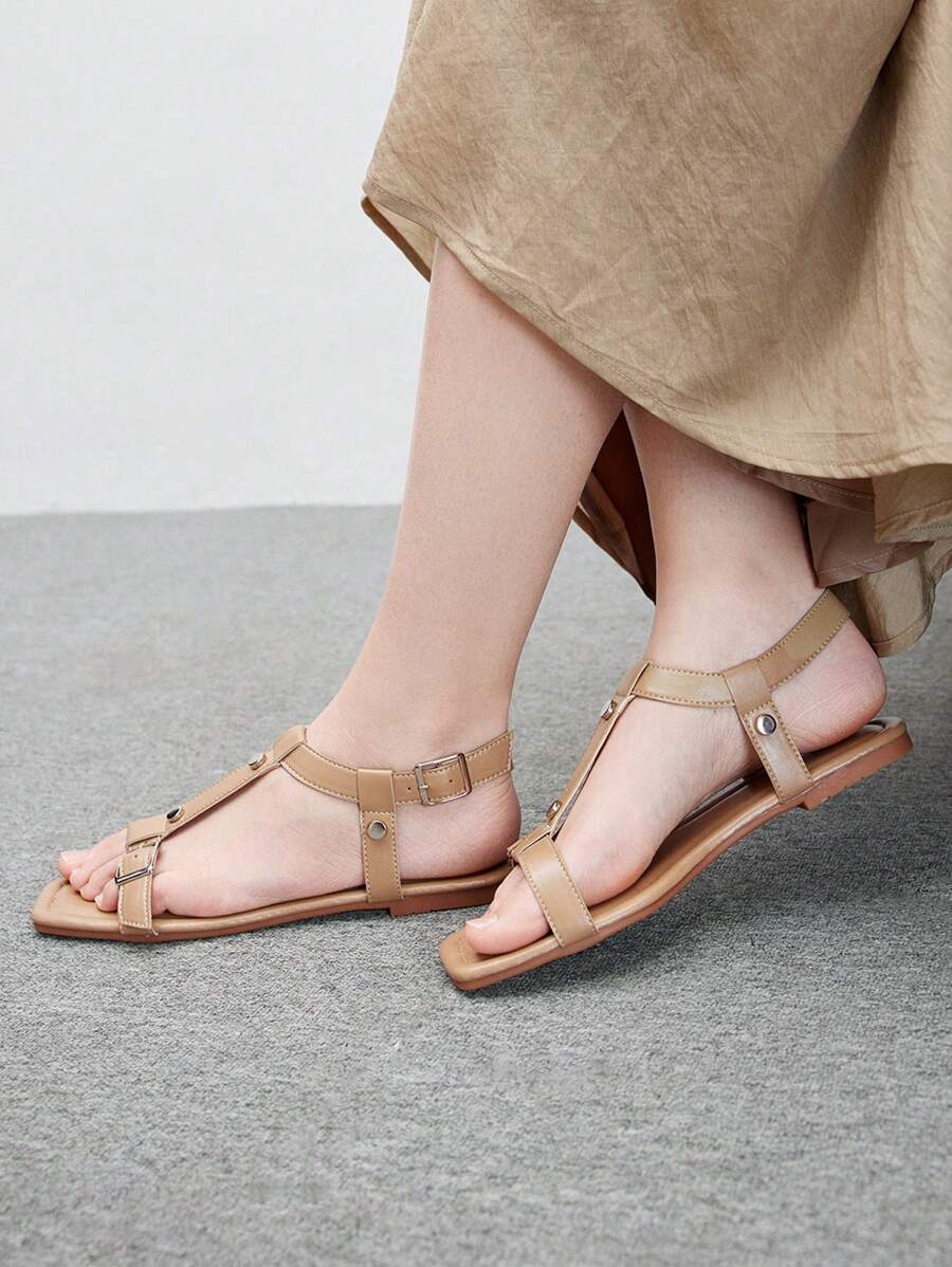 CUCCOO BIZCHIC 女士清凉户外春夏人字拖凉鞋，魔术贴仿皮趾柱平底凉鞋，情人节款 - 棕色 - 查看 1