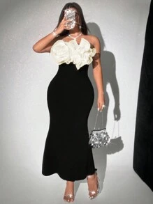 Celure Elegante vestido de fiesta/vacaciones/cita para mujer talla grande con bandeau de flores 3D y abertura alta en la cola de sirena