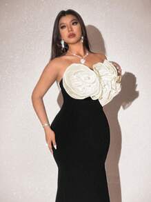 Celure Elegante vestido de fiesta/vacaciones/cita para mujer talla grande con bandeau de flores 3D y abertura alta en la cola de sirena