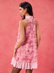 EZG Váy ngắn cổ chữ A viền bèo nhún bằng vải voan màu hồng thanh lịch của nhà thiết kế, tiệc cưới, trang phục sinh nhật, ngày lễ tình nhân, lễ hội, trang phục hòa nhạc, trang phục lễ hội rave, màu phấn, váy dạ hội - Hồng - Xem 2