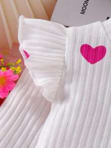 2pcs/Set Baby Girl Long Sleeve Round Neck Cap Sleeve Heart Print Top & Pink Skirt, Casual Outfit, Autumn - Pink - View 3